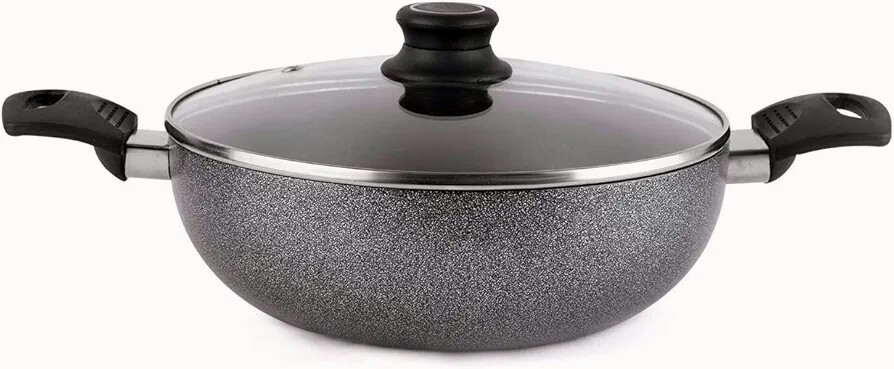 Cello Non Stick Hammered Tone Kadhai with Glass Lid 2.5 LTR, Black & Grey, Aluminium