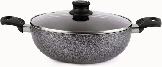 Cello Non Stick Hammered Tone Kadhai with Glass Lid 2.5 LTR, Black & Grey, Aluminium
