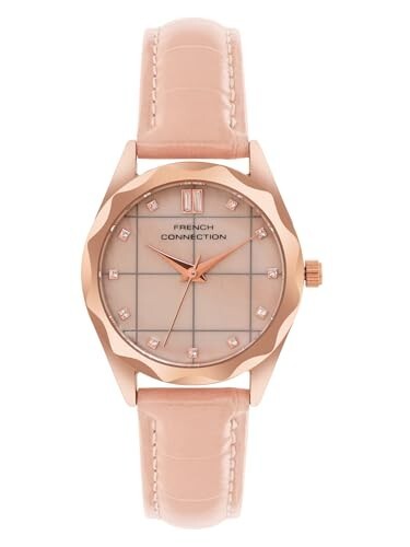 French Connection 3 Hands Pink Round Dial Leather Strap Wrist Watch 