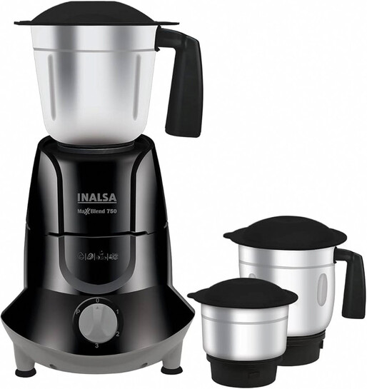  INALSA Mixer Grinder 750Watt- MaxxBlend 750 with 3 Stainless Steel Jars (For Dry Grinding, Wet Grinding, Chutneys, (Black/Grey) 