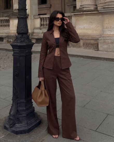 Coffee Tie Up Cotton Top And Pant Co-Ord Set