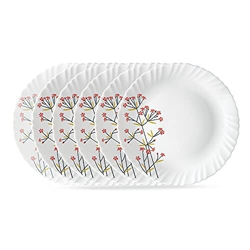 Larah by BOROSIL Red Bud 6 Pcs Opalware Plate Set (Dia - 10 inch), White