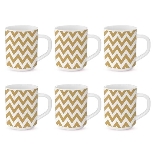 Larah by BOROSIL Gold Waves Opalware Mug, Set of 6 Tea/Coffee Mugs, 240 ml Each