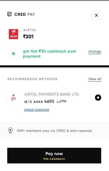 Cred x Airtel Thanks App - Flat 30/- Cashback on Add money of min 200/- [Account Specific]