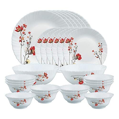 Larah by Borosil Chrys Red Opalware Dinner Set, 28 Pcs, White