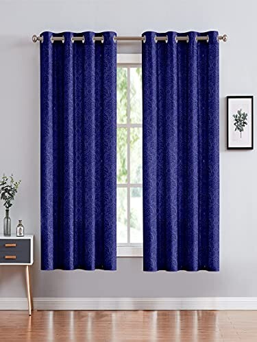 Cortina Embossed Damask Design Window Curtain Pack of 2 | 5Ft | Navy Blue 