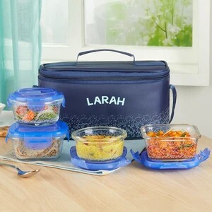 Larah Glassware Speckle Blue Universal Borosilicate Glass Lunchbox, 4pc (320ml x 2 + 240ml x 2)