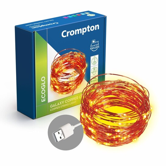 Crompton Galaxy Decoration Copper USB Powered String Fairy Lights with 100 Led Light 