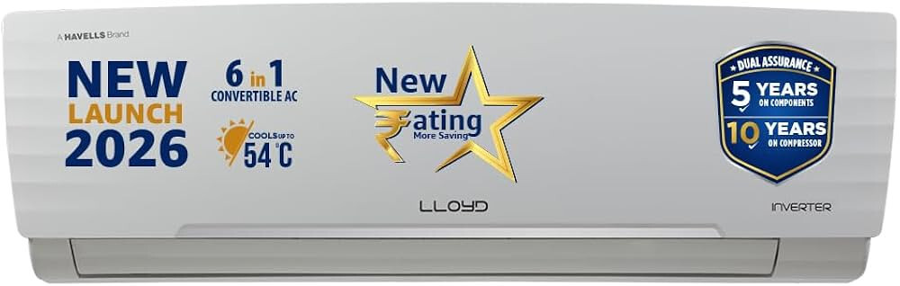 Lloyd 1.5 Ton 3 Star Inverter Split AC, 2026 New Star Rated 6 in 1 Convertible, Cools Up To 54°C