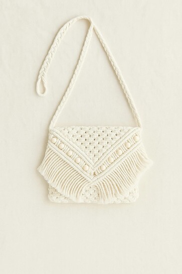 Asad Enterprises White Women Sling Bag Handcrafted Macramé Sling Bag with Fringes and Wooden Beads – Boho Style