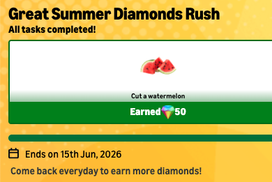Great Summer Diamonds rush -complete listed tasks and earn diamonds