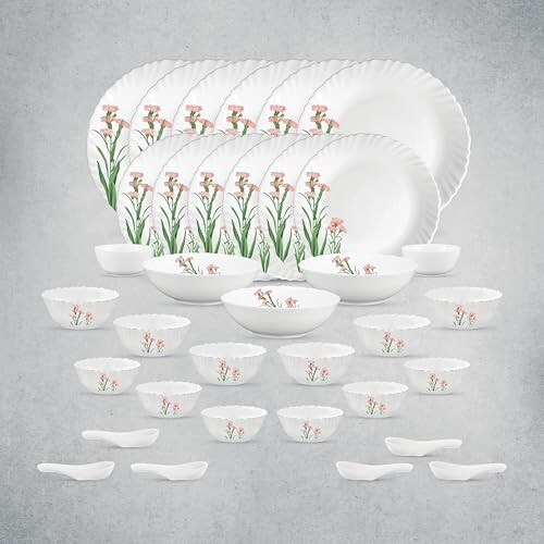 La Opala Opal Glass Crockery | for Family of 6 | Dinner Set 35 pcs Pink Florets 