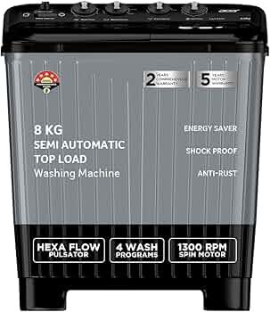 Acer 8.0 Kg 5 Star Semi-Automatic Top Loading Washing Machine(AR80SAMBGL124D, Black-Grey,