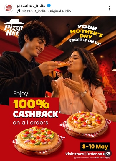 100% Cashback on all pizza hut orders (as pizza hut coupons)