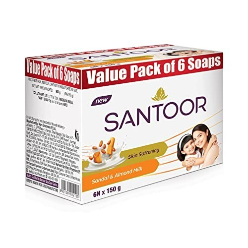 Santoor Sandal & Almond Milk Bathing Soap, 150g, Pack of 6