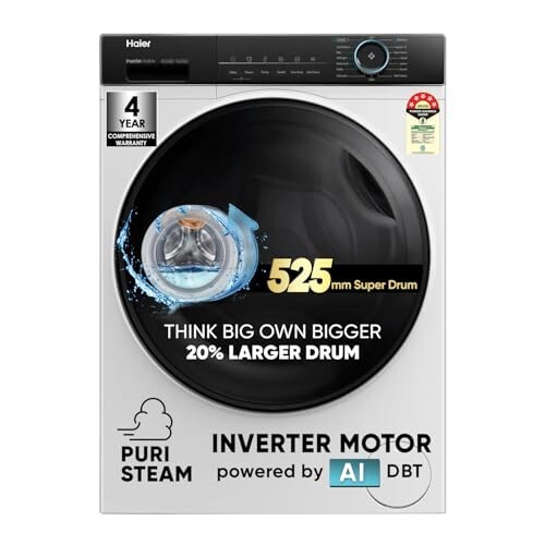 Haier 8 kg 5 Star Powered by AI-DBT with PuriSteam, 525mm Super Drum Fully Automatic Front Load Washing Machine