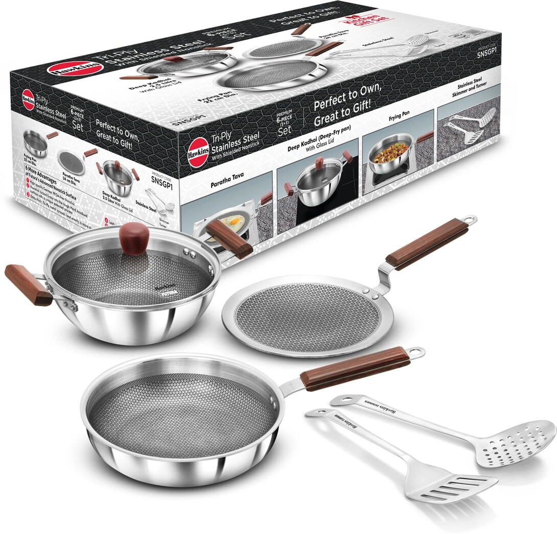 50% off on - Hawkins Gift Set-Kadhai, Frying Pan, Tava, Lid, Skimmer, Turner (...more)(User specific) - Rs. 3356
