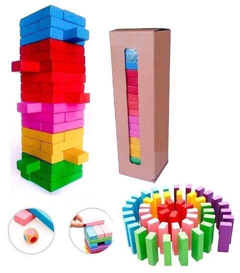 PRIME DEALS Wooden Blocks 54 Pcs 2 Dice Building Blocks Game Challenging Wooden Tumbling Tower