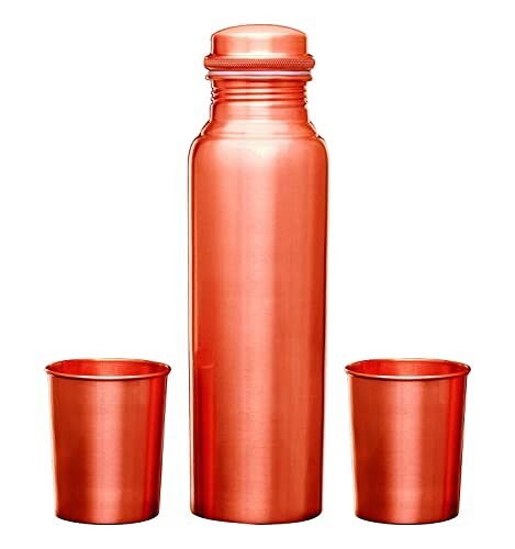Signoraware Copper Bottle with Set of 2 Glasses (Matt) (900 ML Bottle + 2 Glass 275 ML)