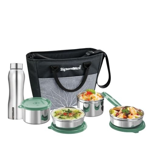 SignoraWare Office Stainless Steel Lunch Box with Bottle (500mlx2 + 380mlx2 + 750ml | Setof5 | EGreen)