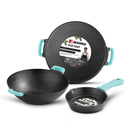Bergner Eco Cast Iron 3 Pcs Cookware Set - 24cm Kadai, 19cm Frypan, 30cm Dosa Tawa, Cast Iron Kitchen Cooking Combo Pots Set, Pre-Seasoned Finishing, Even Heat Distribution, Hand Wash Recommended