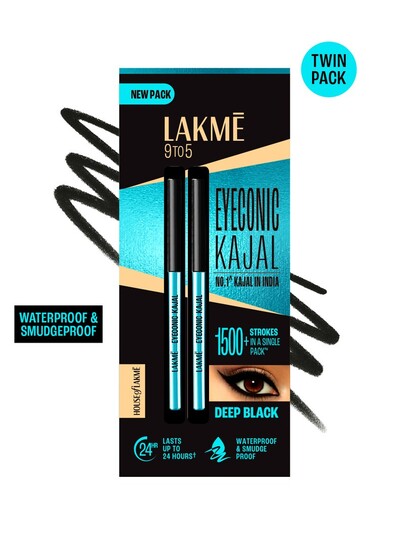 Lakme 9to5 Set Of 2 Eyeconic Kajal Matte Finish & Lasts Upto 24hrs 0.35g Each Deep Black 