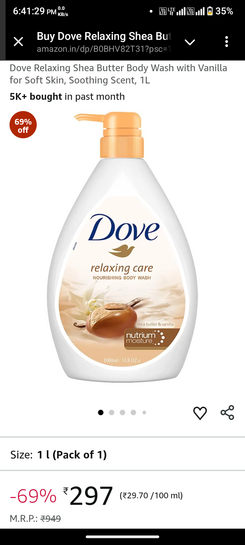Dove Relaxing Shea Butter Body Wash with Vanilla for Soft Skin, Soothing Scent, 1L