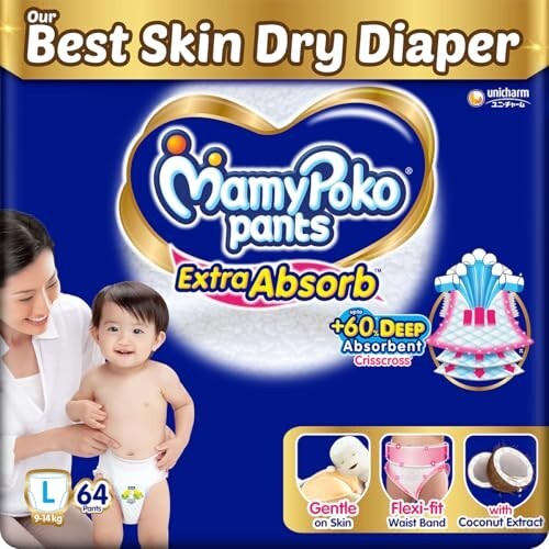 MamyPoko Pants Extra Absorb Baby Diapers, Large (L size) | 9-14 kg 