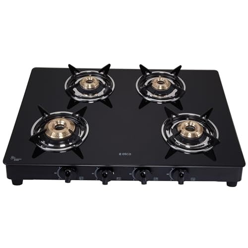 Elica 4 Burner Auto Ignition Gas Stove Toughened Glass Top | Brass Burners