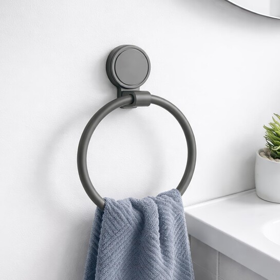 Amazon Basics Suction Towel Ring for Bathroom – Rust - Free Powder Coated Wall Mounted Towel Rack No Drill Towel Ring Modern Bathroom Accessories Organizer Grey