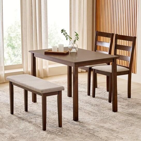 Home Centre | Helios Lia | Solid Wood | 4 Seater Dining Table Sets | Brown | 1 Table with 2 Chairs and 1 Bench | 1 Year Warranty
