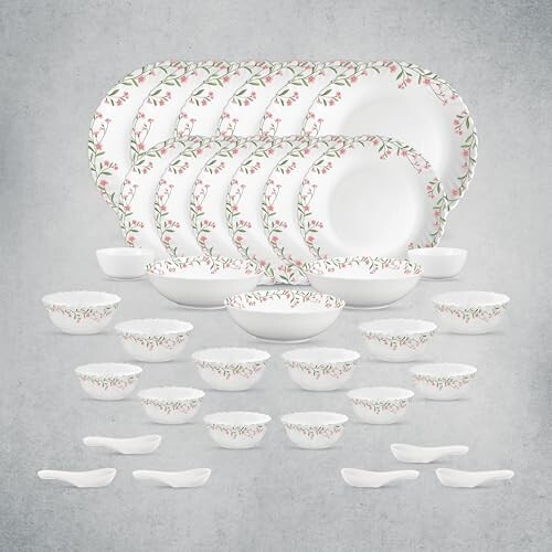 La Opala Opal Glass Crockery | for Family of 6 | Dinner Set 35 pcs Spring Meadows | Plates & Bowls for Dining | Microwave Safe | 100% Vegetarian | Extra Strong | Extra Light & White