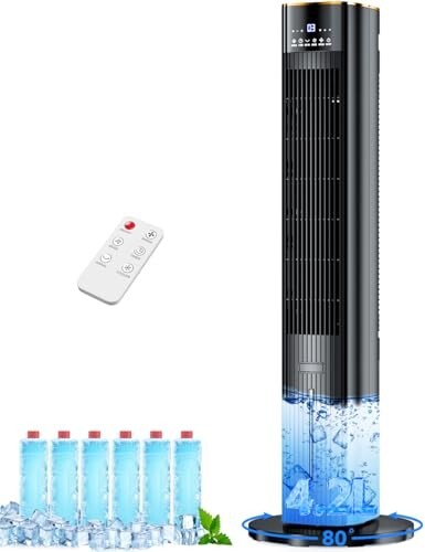 HIFRESH 107CM Tower Fans w/Cooling, 4.2L Dual Tanks, 6 Ice Pack, 22Ft Air Throw
