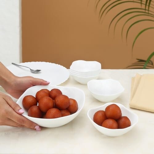 Larah by Borosil White Square Series Opalware 7 Pcs Pudding Set | Microwave & Dishwasher Safe Bowl Set | Bone-Ash Free | Crockery Set for Dining & Gifting