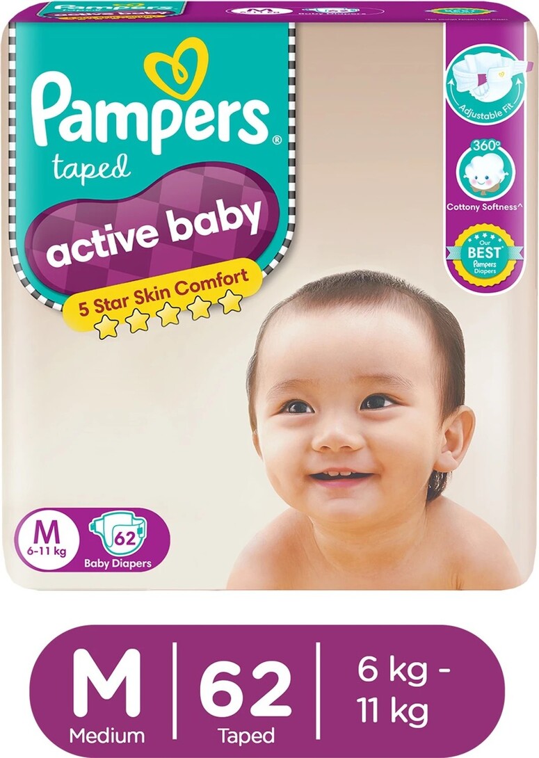 Pampers Active Baby Taped Diapers with Adjustable Fit - M (62 Pieces)