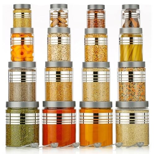 Darkpyro Plastic Container Set of 16/ Silver Line container set/Airtight spice container/Stackable spice jar set/Dryfruit Box