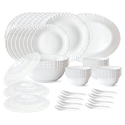 Larah by Borosil Plain White Silk Series Opalware Dinner Set | Snow