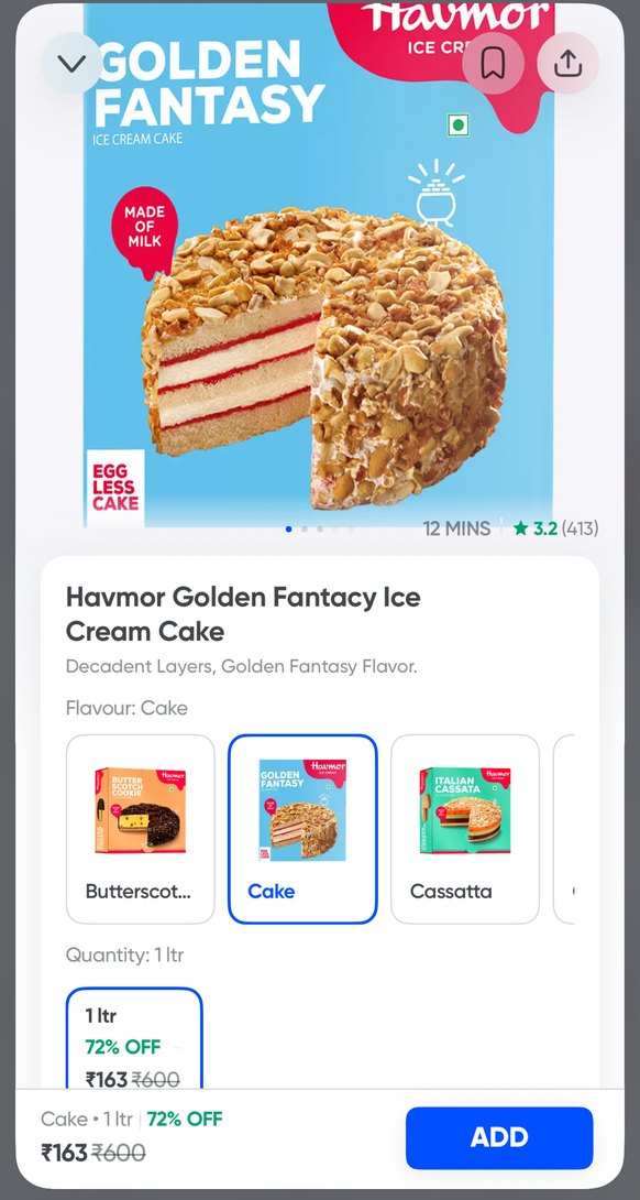 Havmor golden fantasy ice cream cake 1 ltr Instamart Swiggy may be location specific available in pune