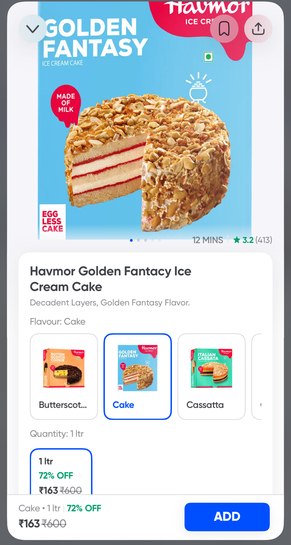 Havmor golden fantasy ice cream cake 1 ltr Instamart Swiggy may be location specific available in pune