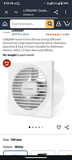LONGWAY Gusto 6 Inch 150 mm Energy Efficient Exhaust Fan | High Speed Powerful Motor | Noiseless Operation & Easy to Clean | Suitable for Bathroom, Kitchen, Office | 2 Years Warranty (White)