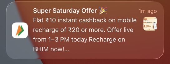 BHIM: Super Saturday Offer Flat Rs 10 instant cashback on mobile recharge of Rs 20 or more. Offer live from 1-3 PM today.