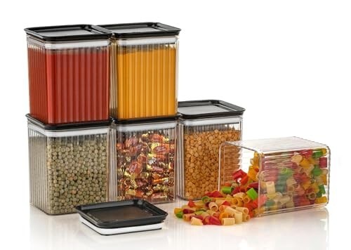 Xiran Airtight Kitchen Storage Box, Plastic Containers for Kitchen Storage Set, Food Storage Containers, Grocery Storage Box, Kitchen Containers Set (1100Ml Black Set of 6)