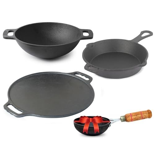 The Indus Valley Pre-Seasoned Cast Iron Cookware Set+ Free Tadka Pan Set of 4Pcs