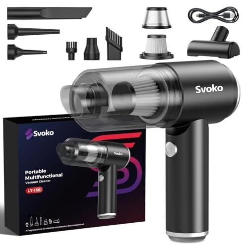Svoko 4-in-1 Portable Vacuum Cleaner for Car Use,10000Pa Powerful Suction, Rechargeable Battery, Brushless DC Motor, Low Noise, for Home, Car Small Handheld Vacuum Vleaners for Dust