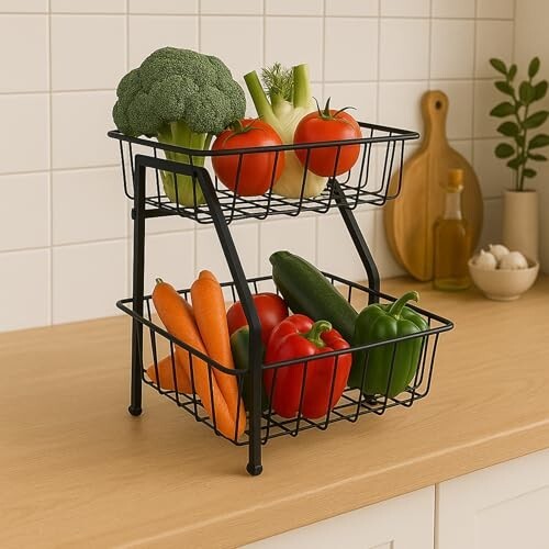 2-Tier Metal Kitchen Storage – Black Kitchen Organizer Rack for Fruits, Vegetables, Snacks, Toys, Towels & Office Supplies – Storage & Organizer for Home | Black, Metal