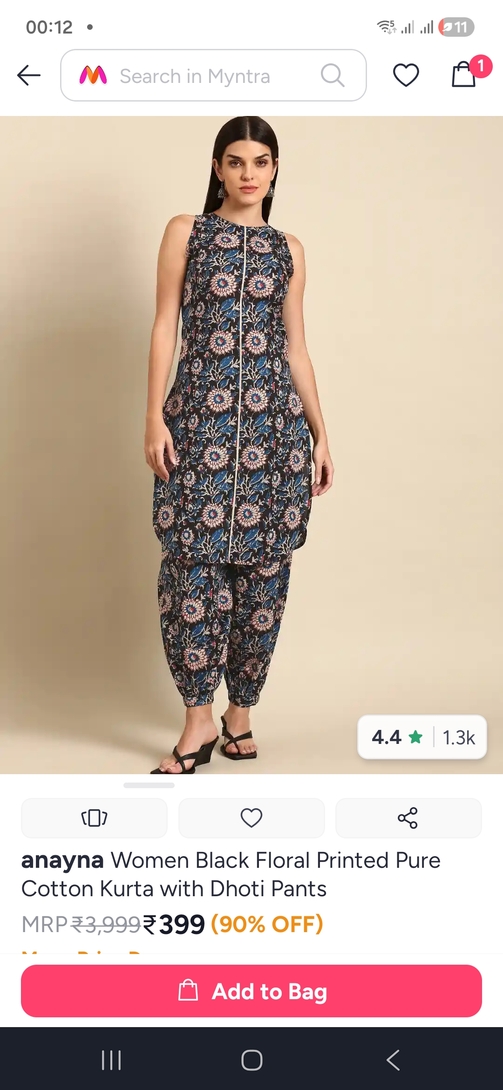 Women Black Floral Printed Pure Cotton Kurta with Dhoti Pants [SIZE :- XS]