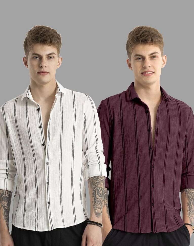 Men Solid Casual White, Purple Shirt