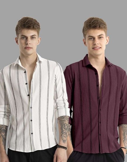 Men Solid Casual White, Purple Shirt