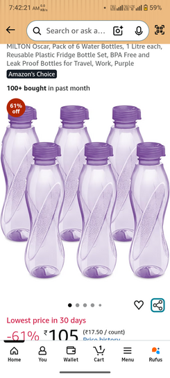 MILTON Oscar, Pack of 6 Water Bottles, 1 Litre each
