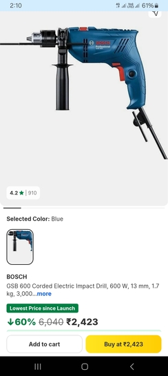 Take a look at this GSB 600 Corded Electric Impact Drill, 600 W, 13 mm, 1.7 kg, 3,000 rpm Pistol Grip Drill